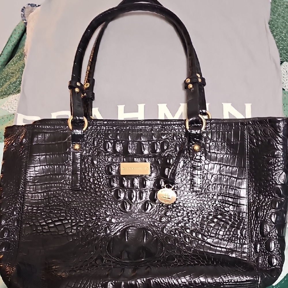 Brahmin Black Croc-Embossed Tote with Gold Accents